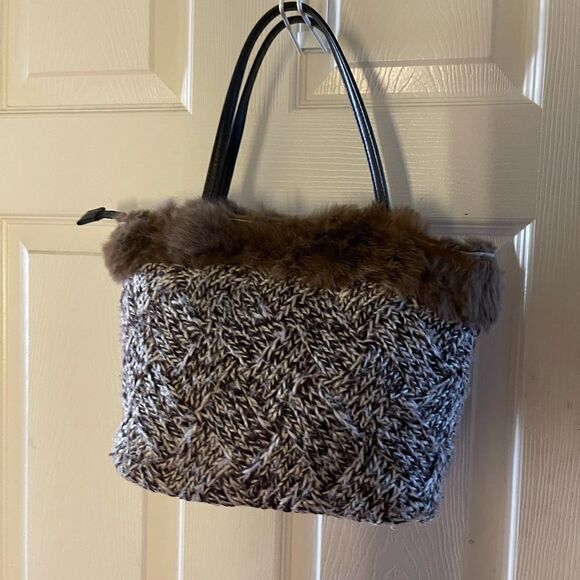 Murval Paris brown & Beige knit with faux fur small tote bag double hand… - Picture 1 of 11